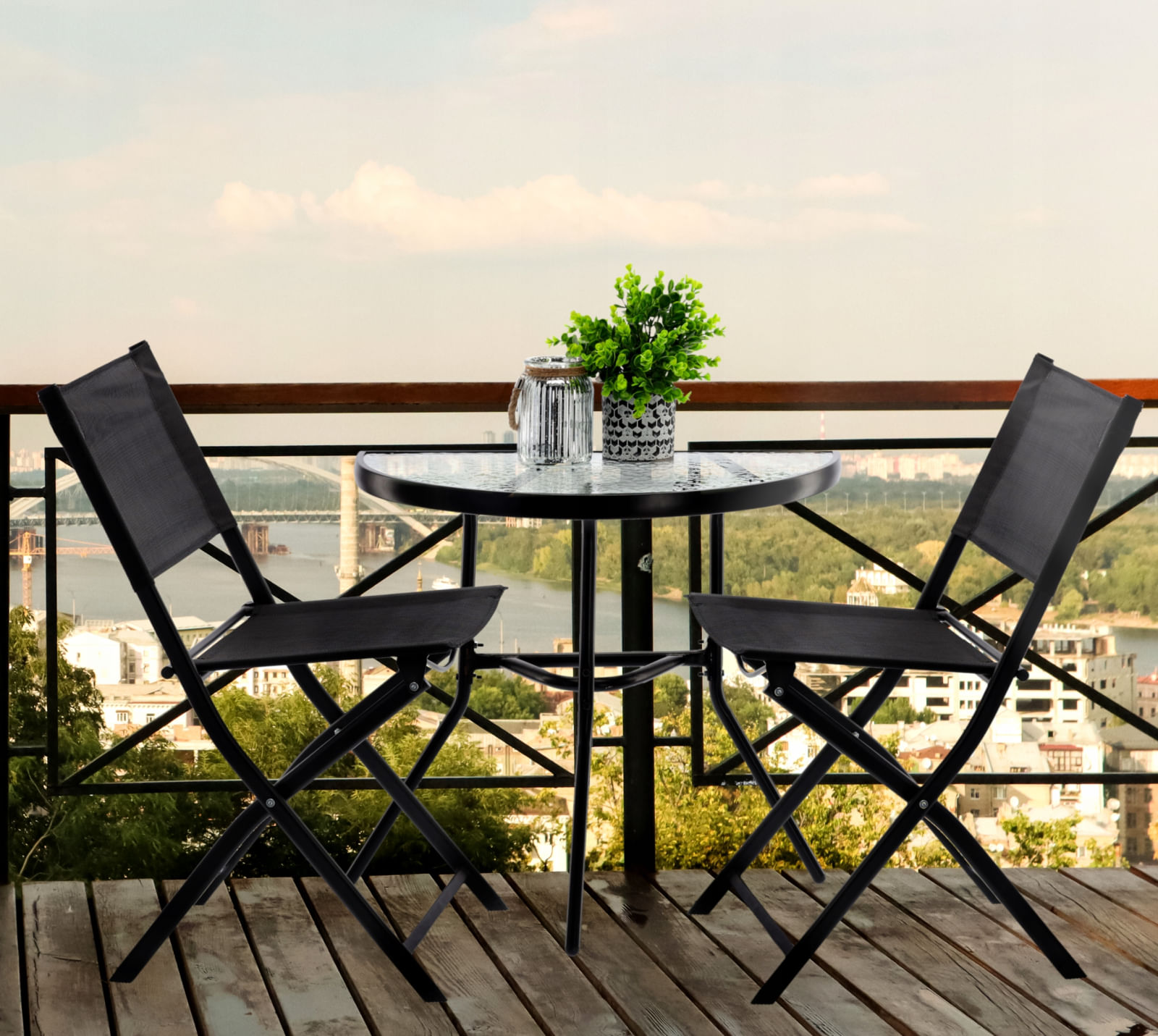 Set mobilier gradina sau balcon, masa semirotund sticla cu 2 scaune pliabile, negru — imaginea 9