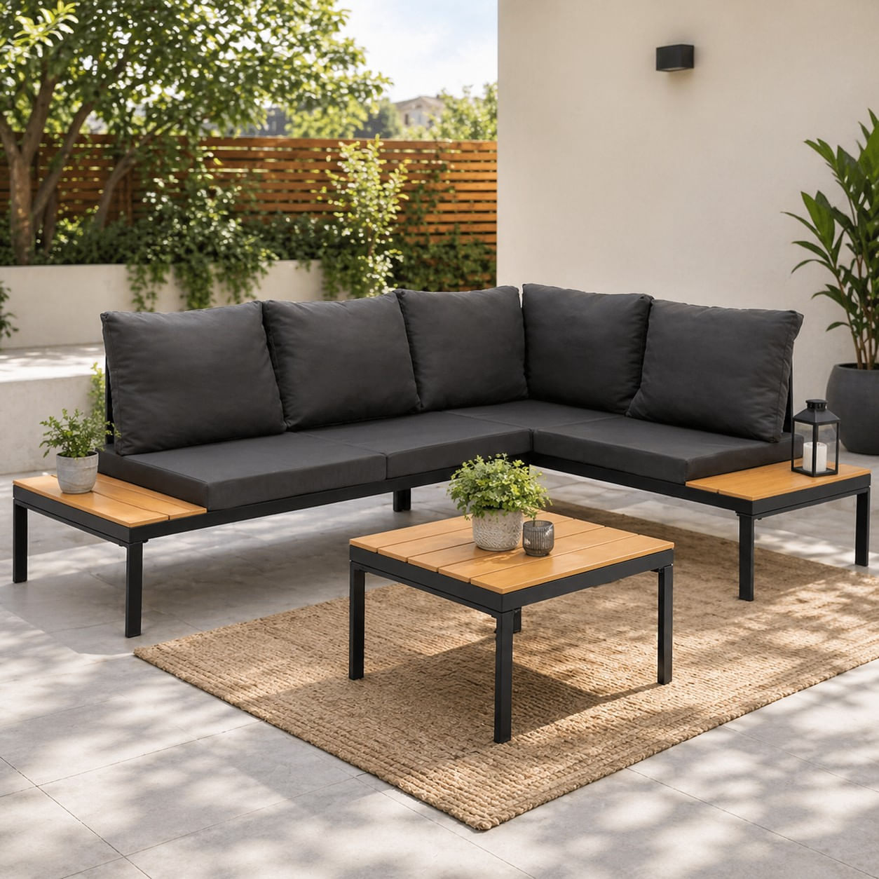 Set mobilier gradina coltar cu masa, separabil in 2 canapele tip sezlong, perne impermeabile, cadru metalic, gri si maro — imaginea 2