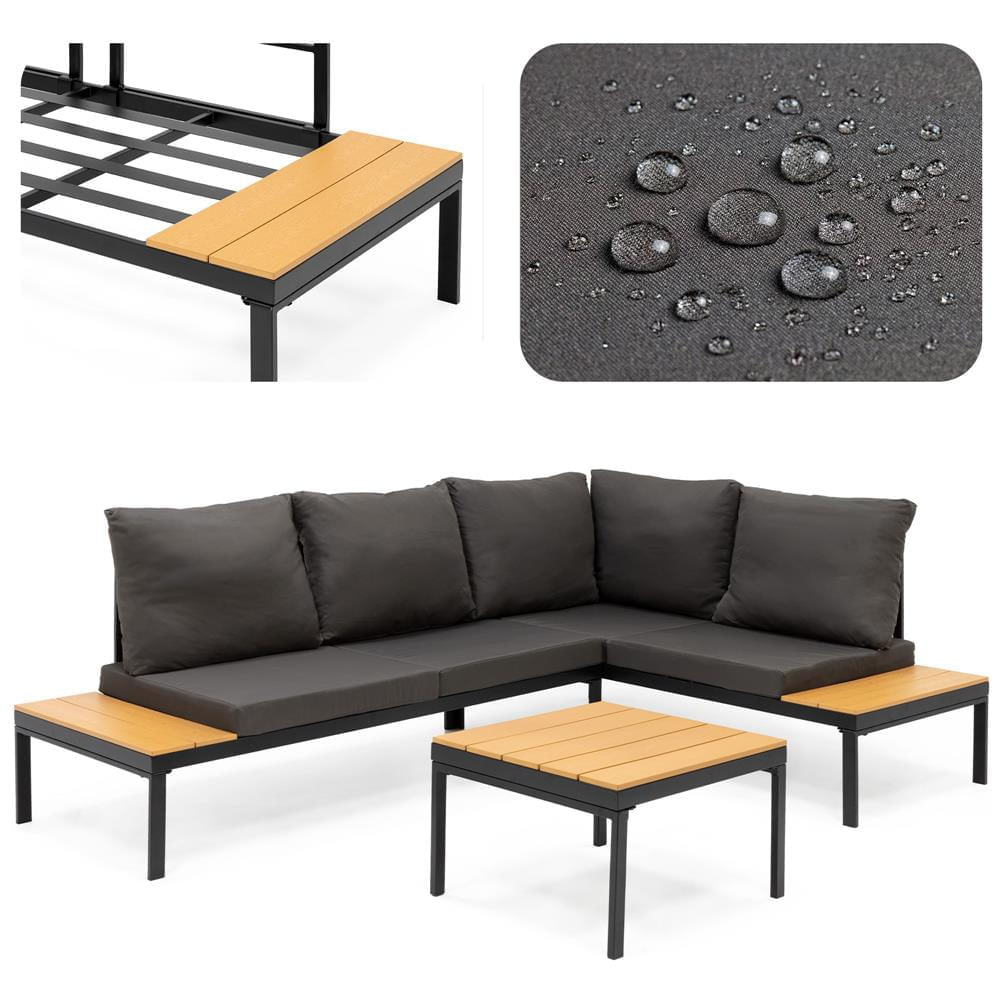 Set mobilier gradina coltar cu masa, separabil in 2 canapele tip sezlong, perne impermeabile, cadru metalic, gri si maro — imaginea 3