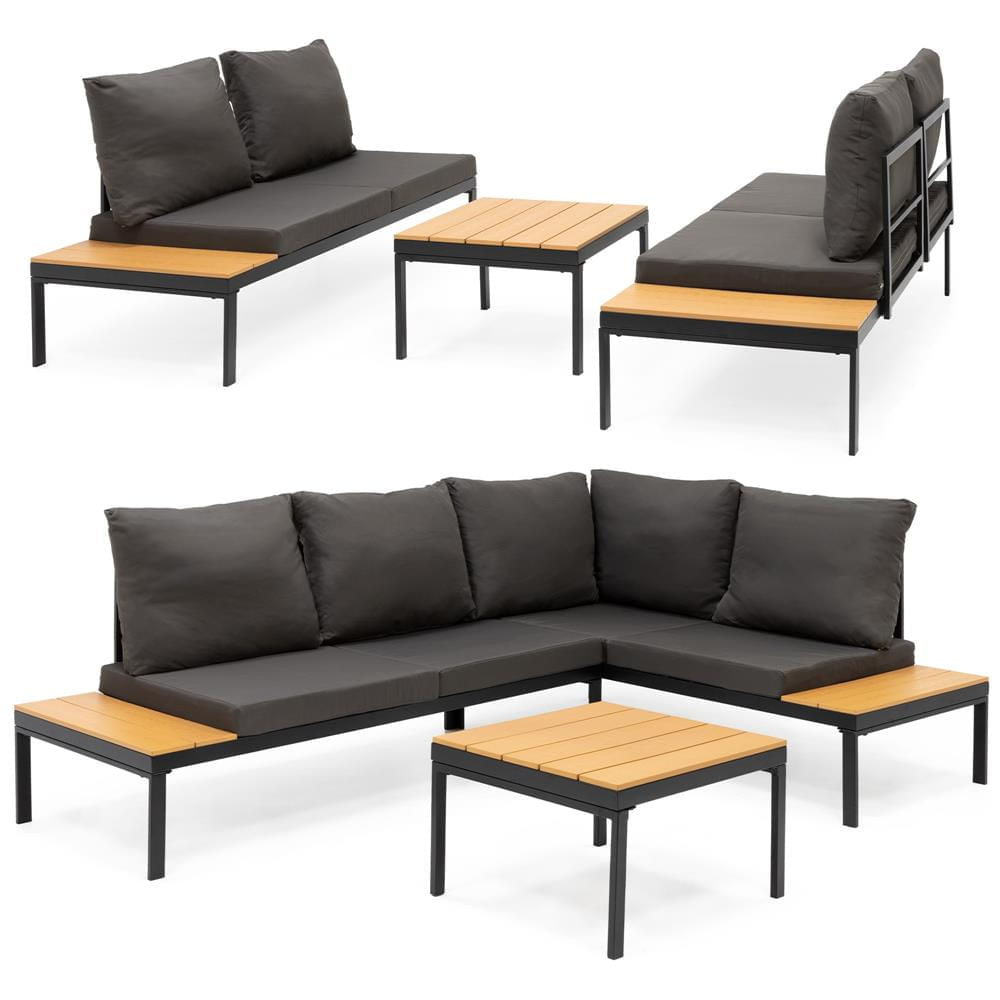 Set mobilier gradina coltar cu masa, separabil in 2 canapele tip sezlong, perne impermeabile, cadru metalic, gri si maro — imaginea 4