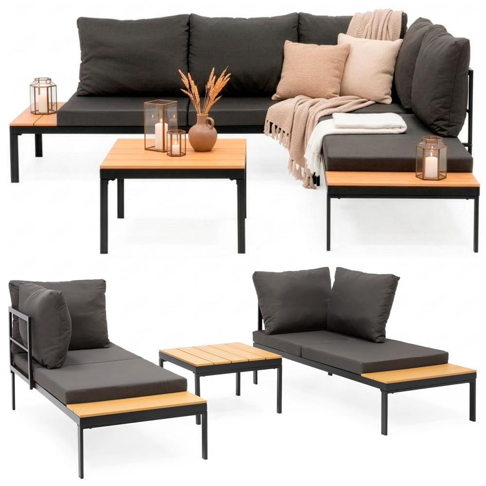 Set mobilier gradina coltar cu masa, separabil in 2 canapele tip sezlong, perne impermeabile, cadru metalic, gri si maro — imaginea 5