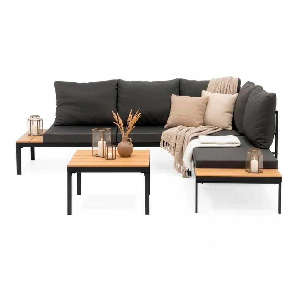 Set mobilier gradina coltar cu masa, separabil in 2 canapele tip sezlong, perne impermeabile, cadru metalic, gri si maro — imaginea 6