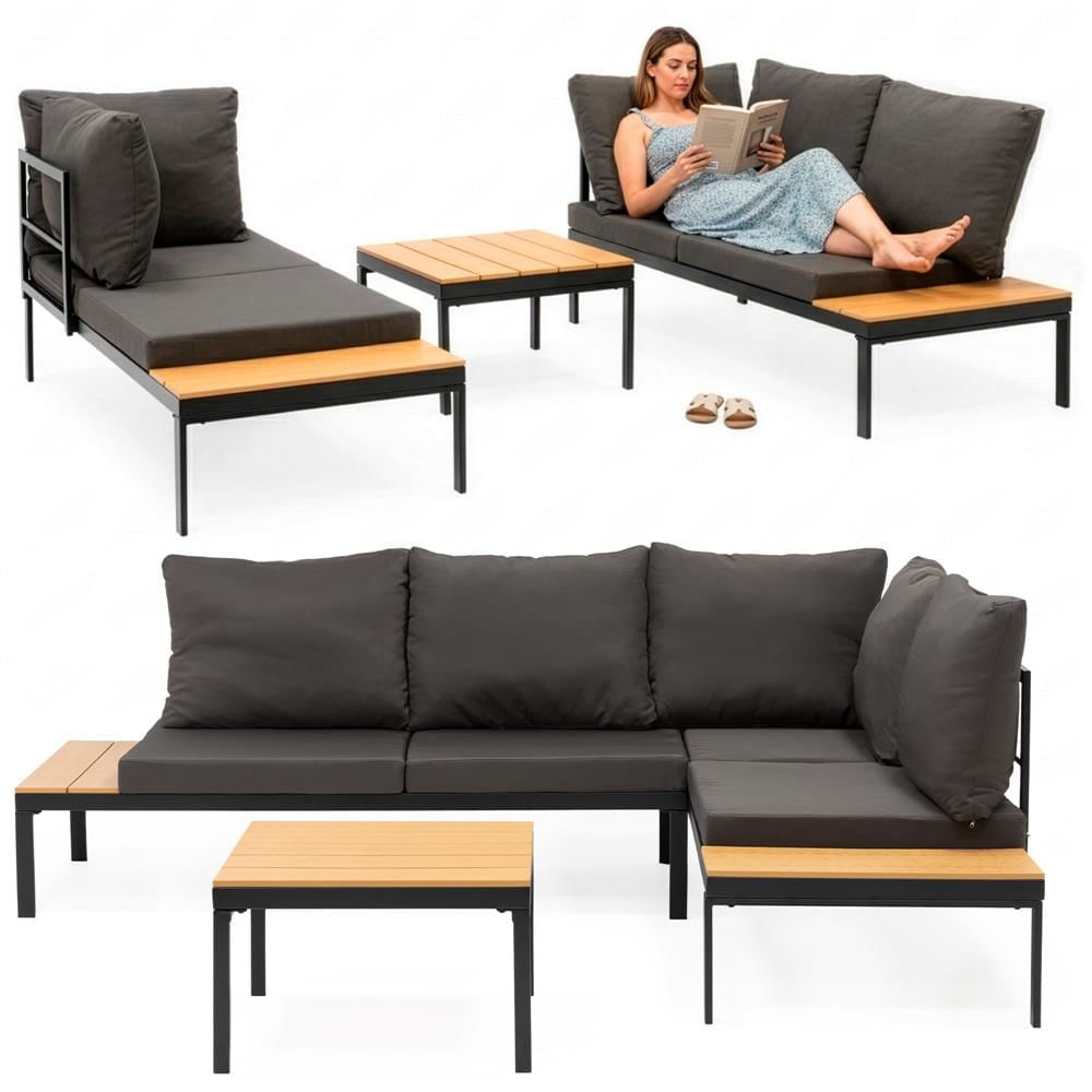 Set mobilier gradina coltar cu masa, separabil in 2 canapele tip sezlong, perne impermeabile, cadru metalic, gri si maro — imaginea 7