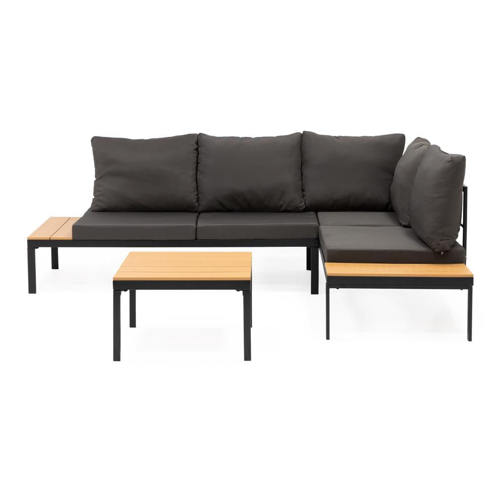 Set mobilier gradina coltar cu masa, separabil in 2 canapele tip sezlong, perne impermeabile, cadru metalic, gri si maro — imaginea 12
