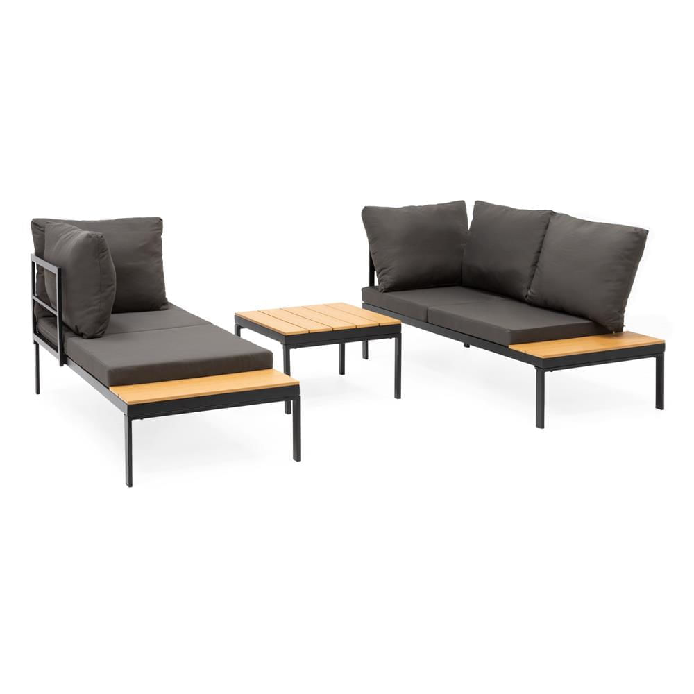 Set mobilier gradina coltar cu masa, separabil in 2 canapele tip sezlong, perne impermeabile, cadru metalic, gri si maro — imaginea 15