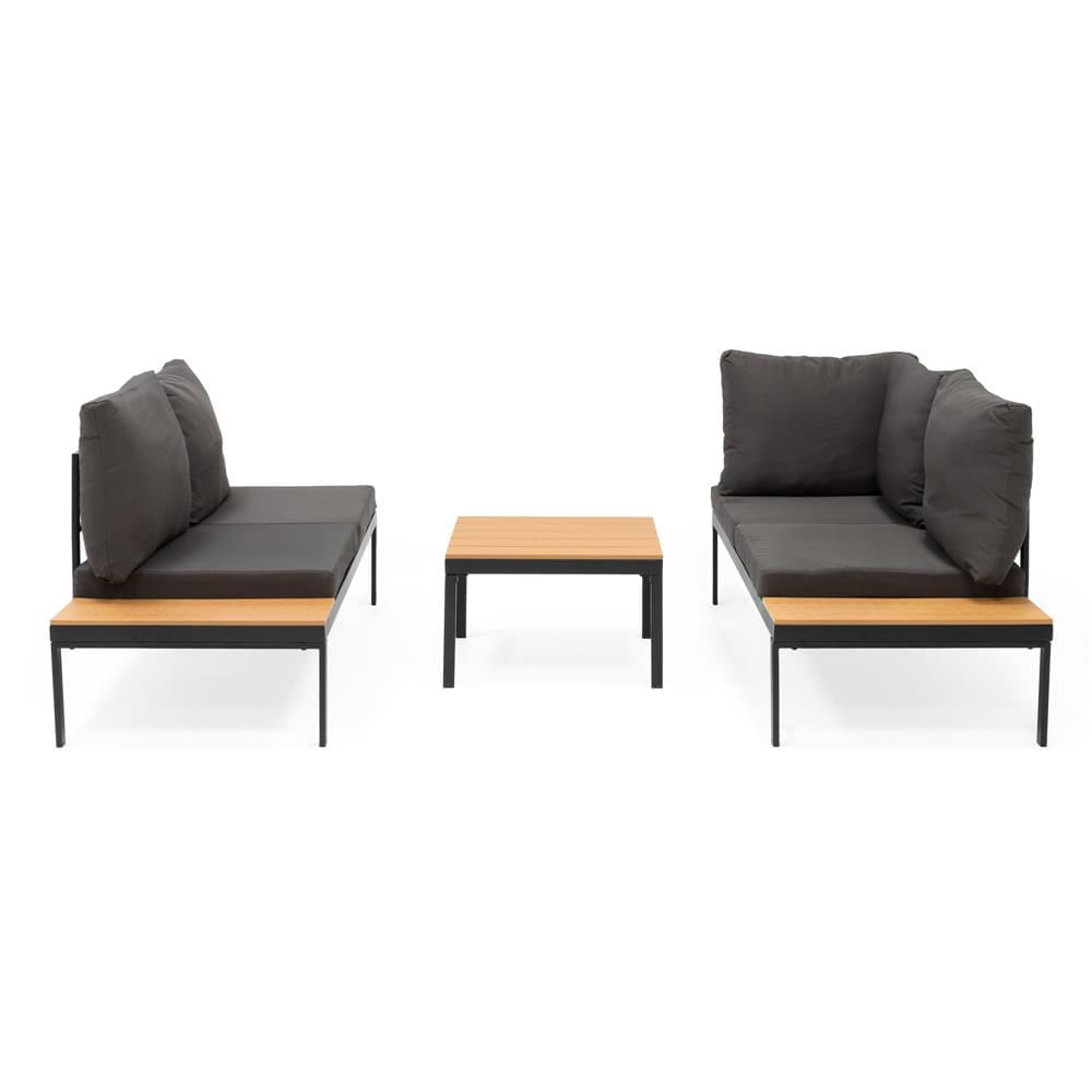 Set mobilier gradina coltar cu masa, separabil in 2 canapele tip sezlong, perne impermeabile, cadru metalic, gri si maro — imaginea 21