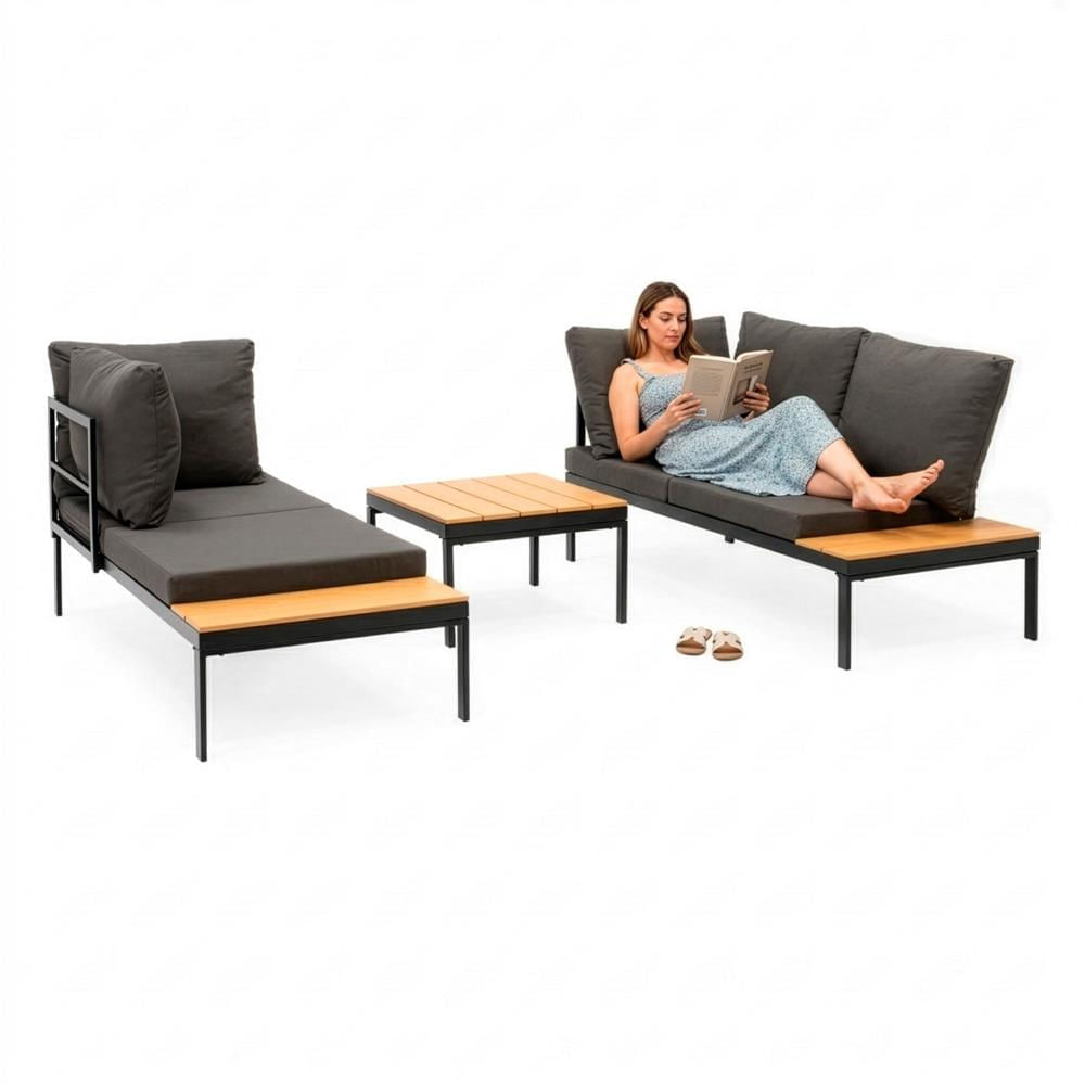 Set mobilier gradina coltar cu masa, separabil in 2 canapele tip sezlong, perne impermeabile, cadru metalic, gri si maro — imaginea 23