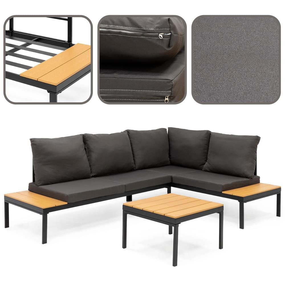 Set mobilier gradina coltar cu masa, separabil in 2 canapele tip sezlong, perne impermeabile, cadru metalic, gri si maro — imaginea 24