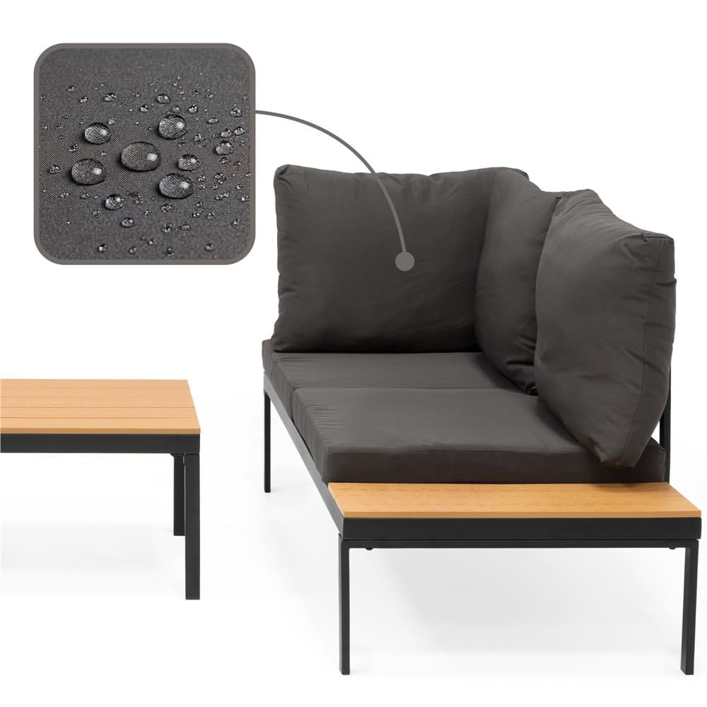 Set mobilier gradina coltar cu masa, separabil in 2 canapele tip sezlong, perne impermeabile, cadru metalic, gri si maro — imaginea 25