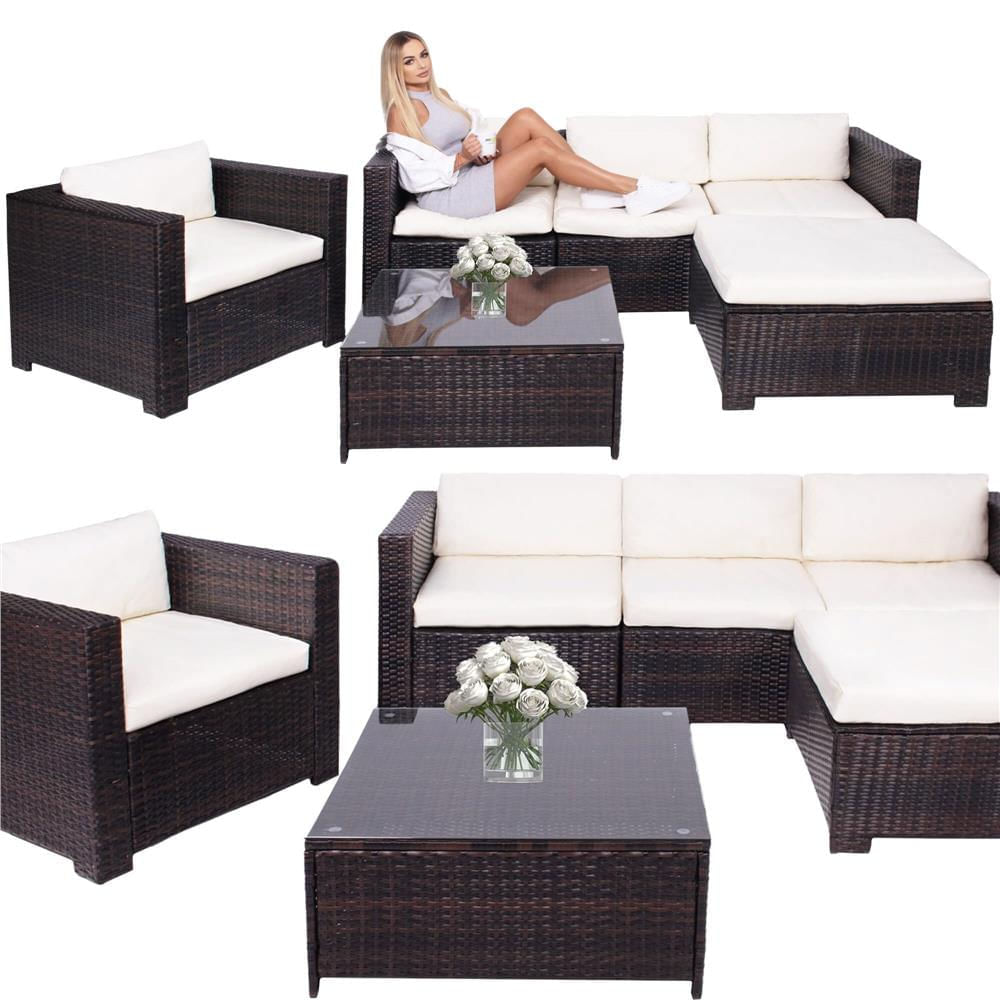 Set mobilier gradina 6 piese din technorattan cu masa si perne, instalare modulara configurabila, maro si crem — imaginea 6