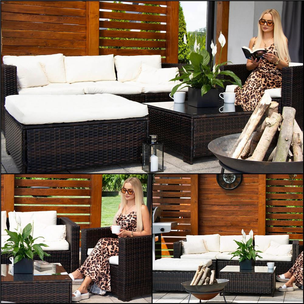 Set mobilier gradina 6 piese din technorattan cu masa si perne, instalare modulara configurabila, maro si crem — imaginea 31