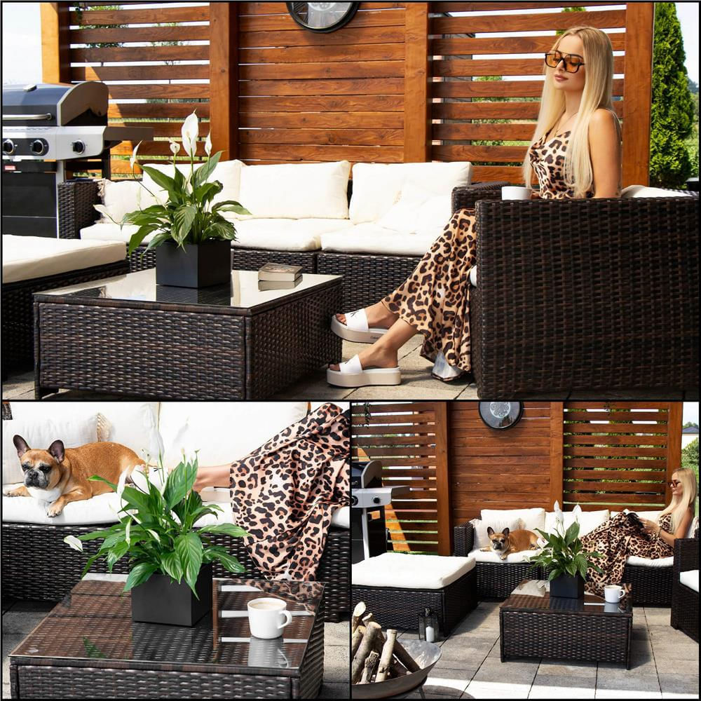 Set mobilier gradina 6 piese din technorattan cu masa si perne, instalare modulara configurabila, maro si crem — imaginea 32