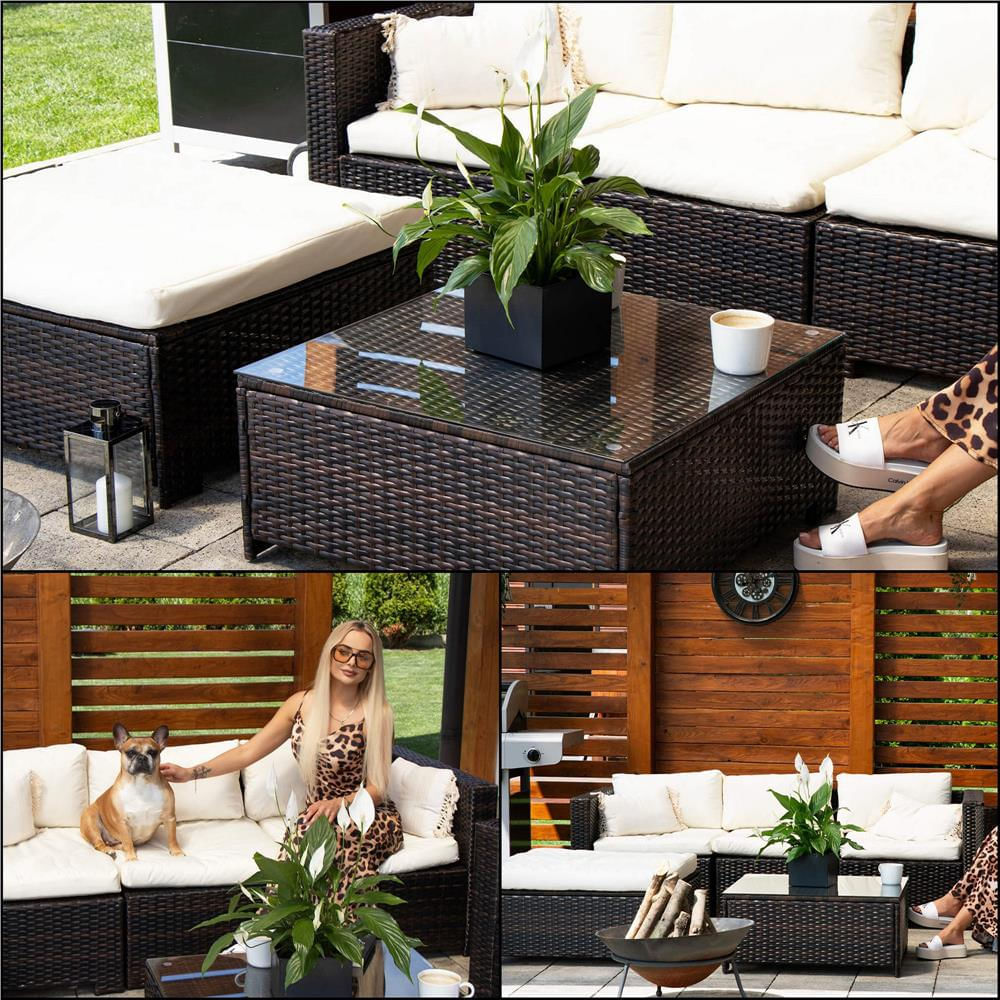 Set mobilier gradina 6 piese din technorattan cu masa si perne, instalare modulara configurabila, maro si crem — imaginea 33