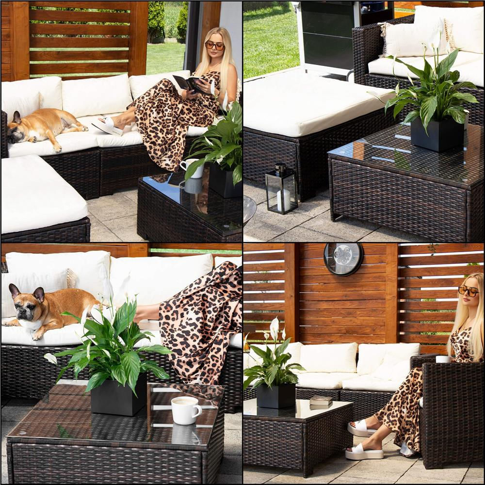 Set mobilier gradina 6 piese din technorattan cu masa si perne, instalare modulara configurabila, maro si crem — imaginea 34