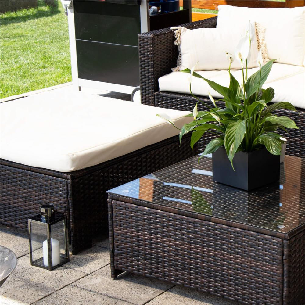 Set mobilier gradina 6 piese din technorattan cu masa si perne, instalare modulara configurabila, maro si crem — imaginea 39