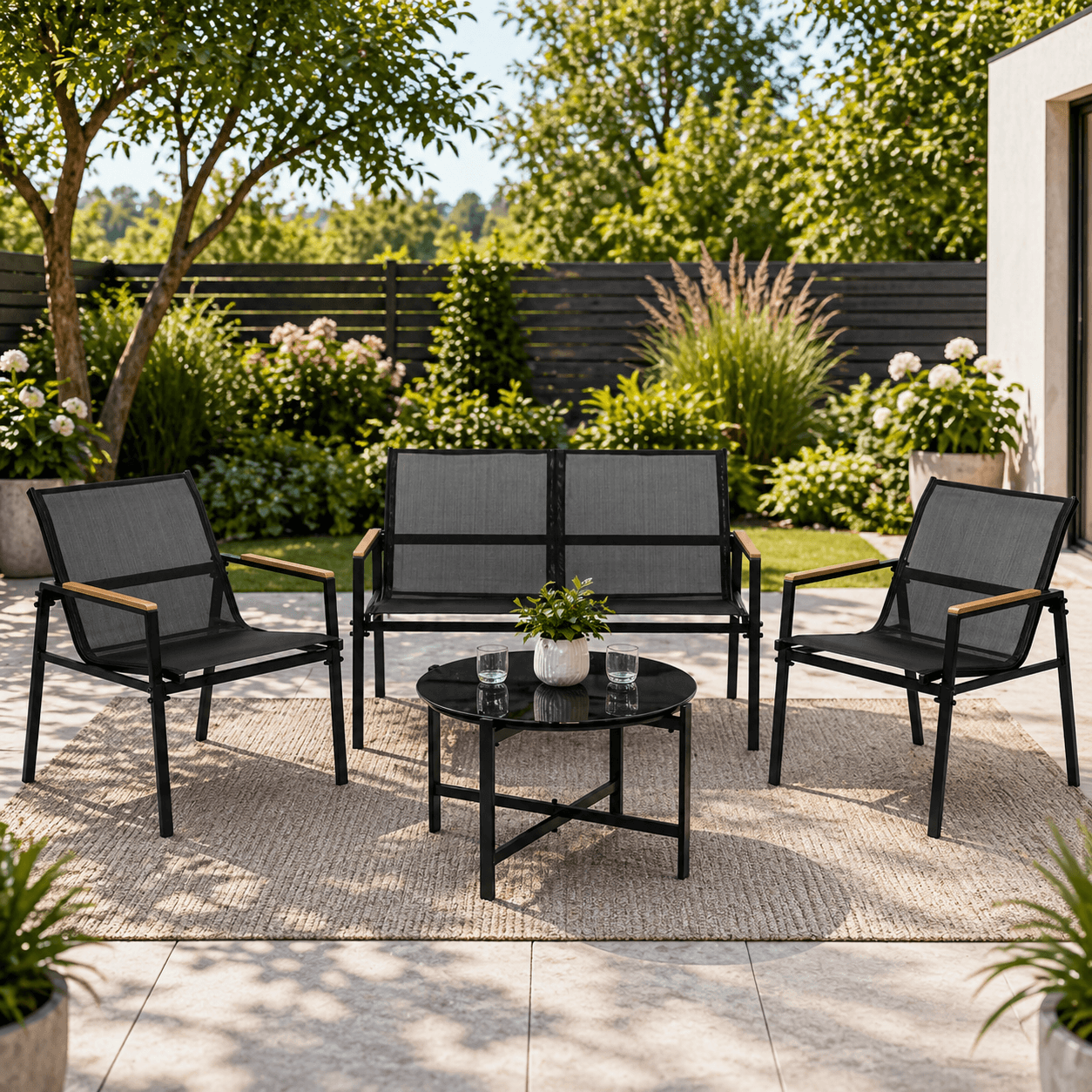 Set mobilier gradina 4 locuri, canapea 2 locuri, 2 scaune si masa rotunda sticla, cadru metalic, 119x71x82 cm, negru — imaginea 2