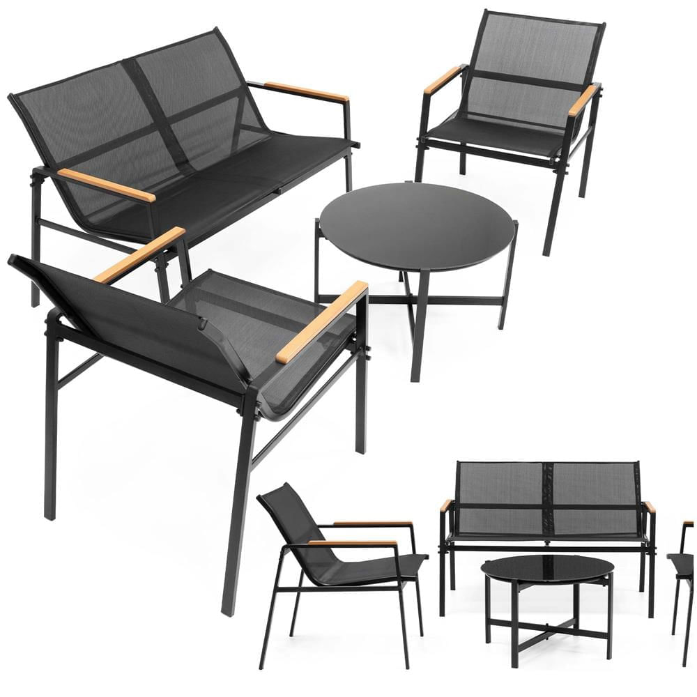 Set mobilier gradina 4 locuri, canapea 2 locuri, 2 scaune si masa rotunda sticla, cadru metalic, 119x71x82 cm, negru — imaginea 3