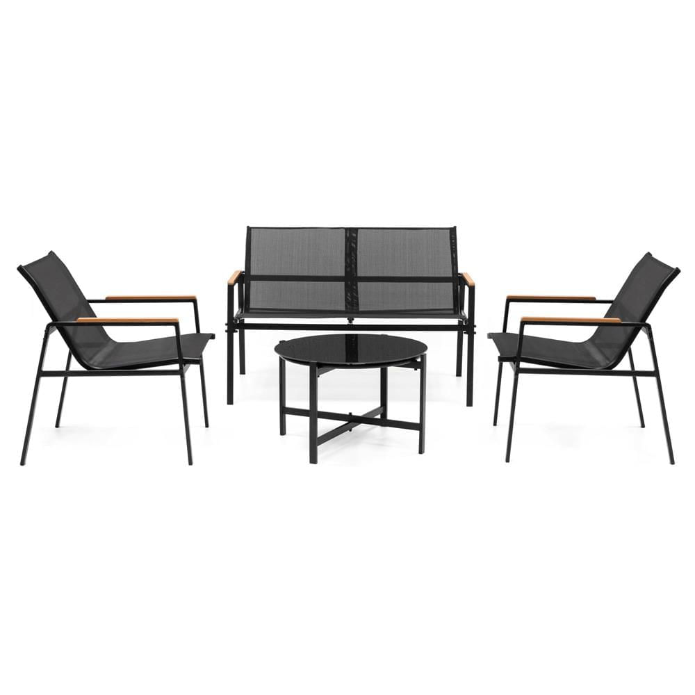 Set mobilier gradina 4 locuri, canapea 2 locuri, 2 scaune si masa rotunda sticla, cadru metalic, 119x71x82 cm, negru — imaginea 4