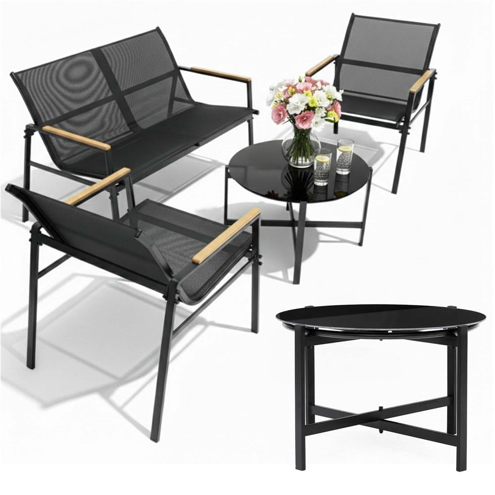 Set mobilier gradina 4 locuri, canapea 2 locuri, 2 scaune si masa rotunda sticla, cadru metalic, 119x71x82 cm, negru — imaginea 5