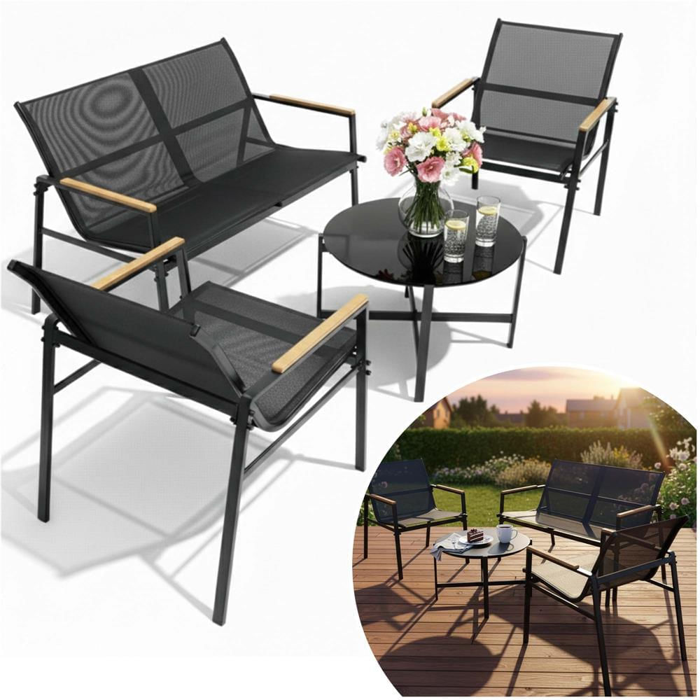 Set mobilier gradina 4 locuri, canapea 2 locuri, 2 scaune si masa rotunda sticla, cadru metalic, 119x71x82 cm, negru — imaginea 6