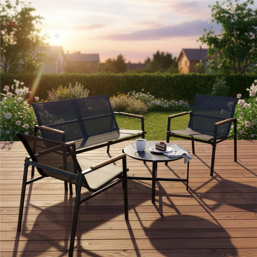 Set mobilier gradina 4 locuri, canapea 2 locuri, 2 scaune si masa rotunda sticla, cadru metalic, 119x71x82 cm, negru — imaginea 8