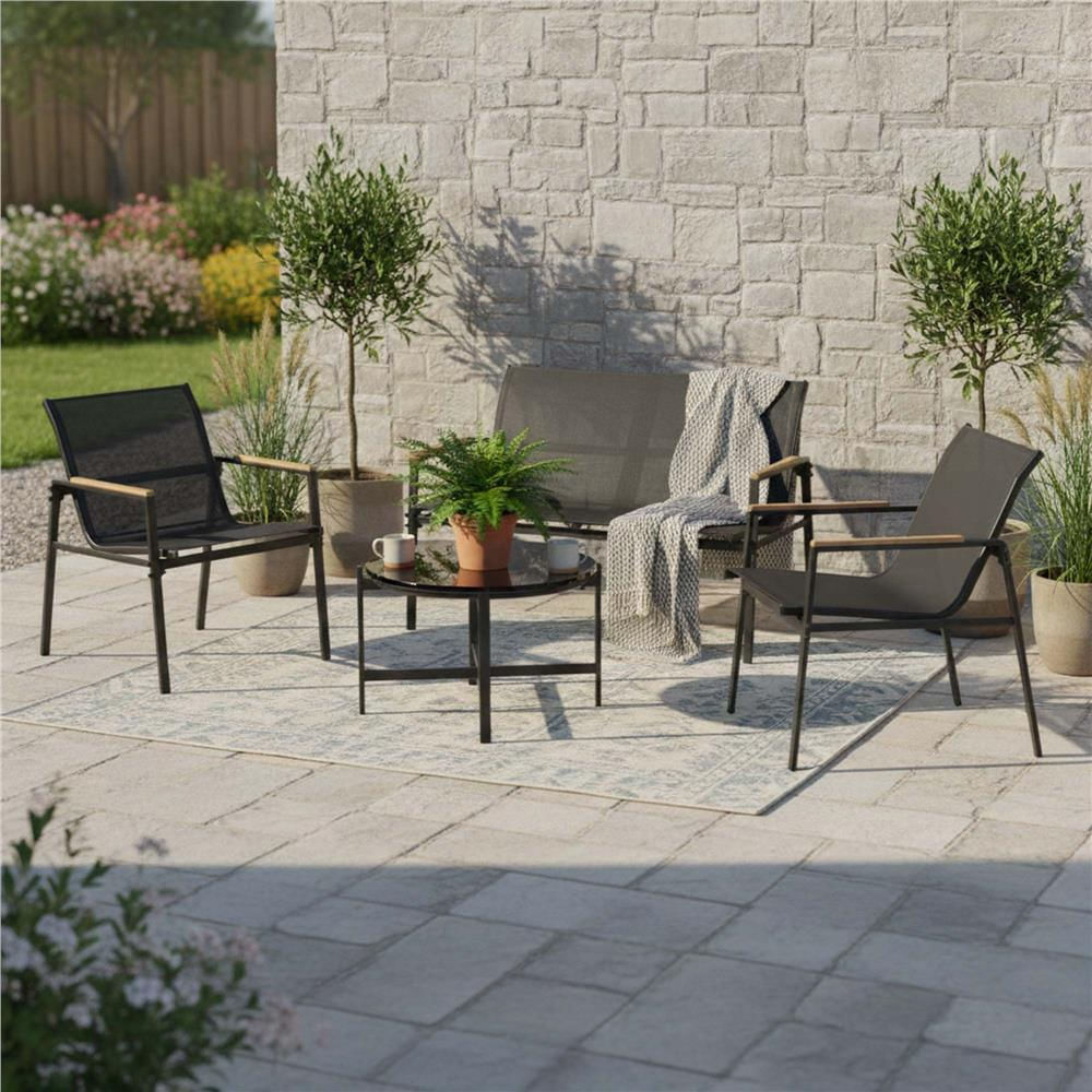 Set mobilier gradina 4 locuri, canapea 2 locuri, 2 scaune si masa rotunda sticla, cadru metalic, 119x71x82 cm, negru — imaginea 9