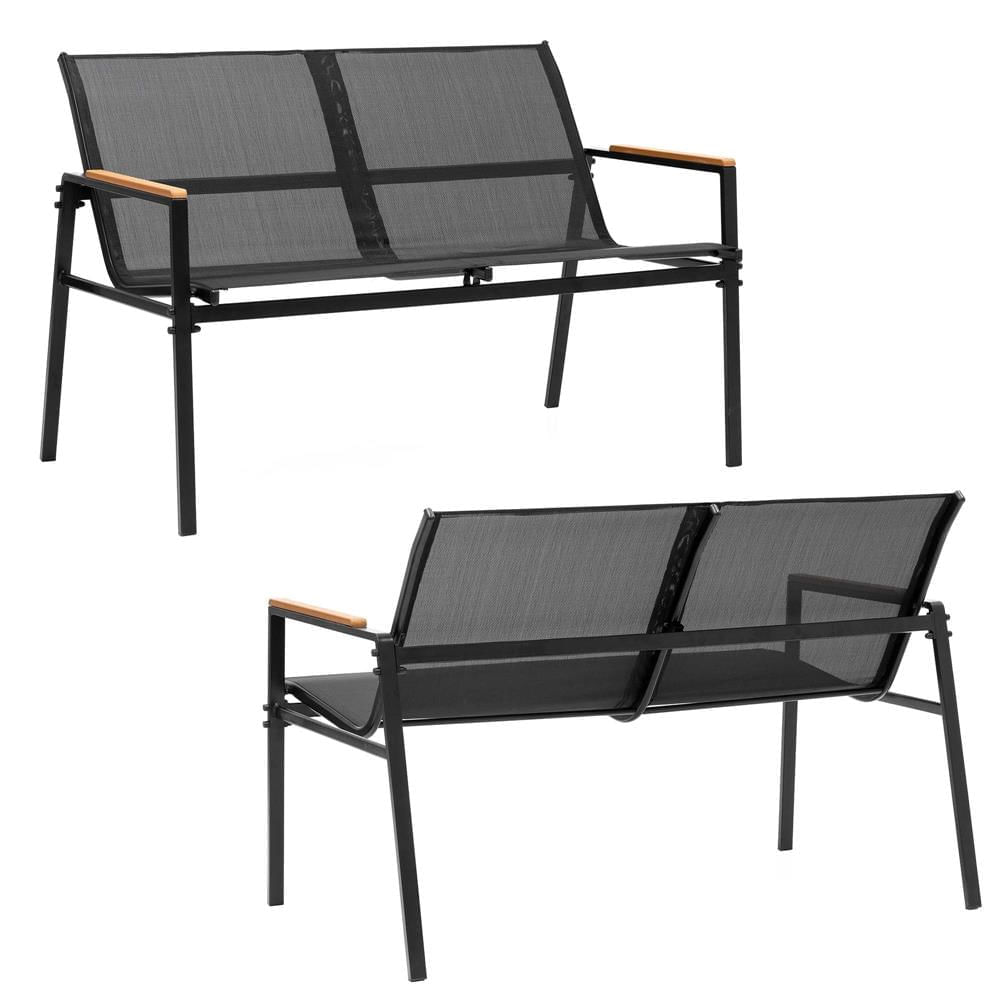 Set mobilier gradina 4 locuri, canapea 2 locuri, 2 scaune si masa rotunda sticla, cadru metalic, 119x71x82 cm, negru — imaginea 18