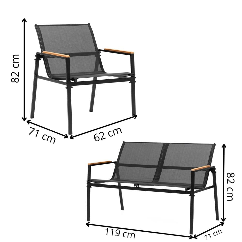 Set mobilier gradina 4 locuri, canapea 2 locuri, 2 scaune si masa rotunda sticla, cadru metalic, 119x71x82 cm, negru — imaginea 20