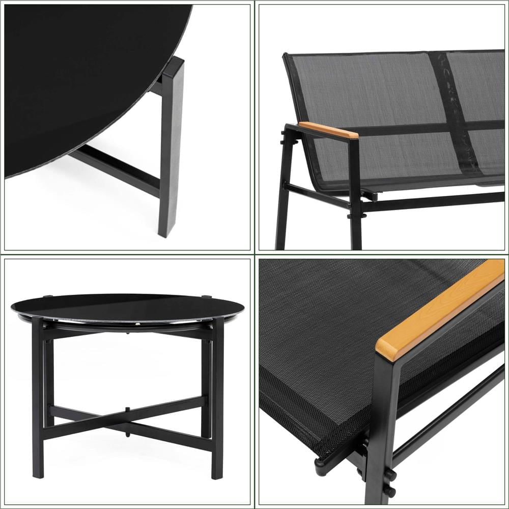 Set mobilier gradina 4 locuri, canapea 2 locuri, 2 scaune si masa rotunda sticla, cadru metalic, 119x71x82 cm, negru — imaginea 22