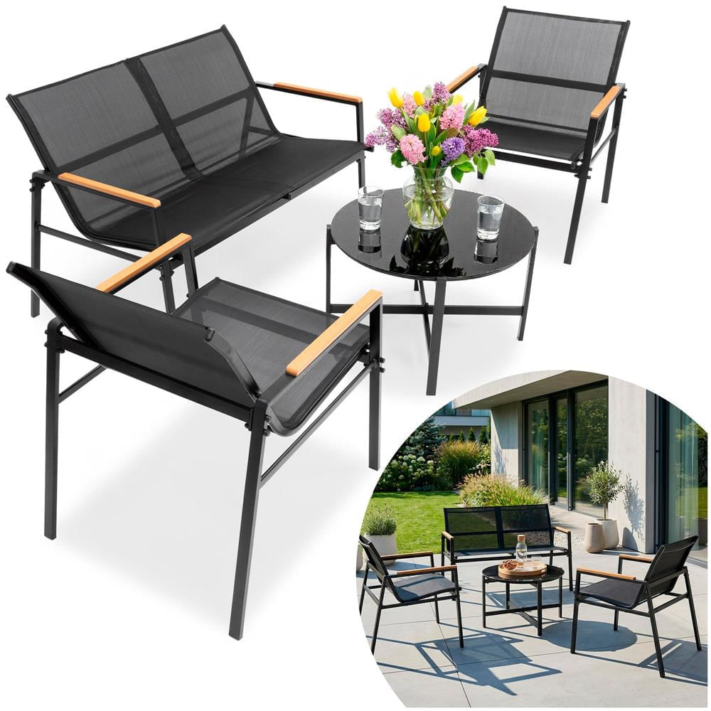 Set mobilier gradina 4 locuri, canapea 2 locuri, 2 scaune si masa rotunda sticla, cadru metalic, 119x71x82 cm, negru — imaginea 23