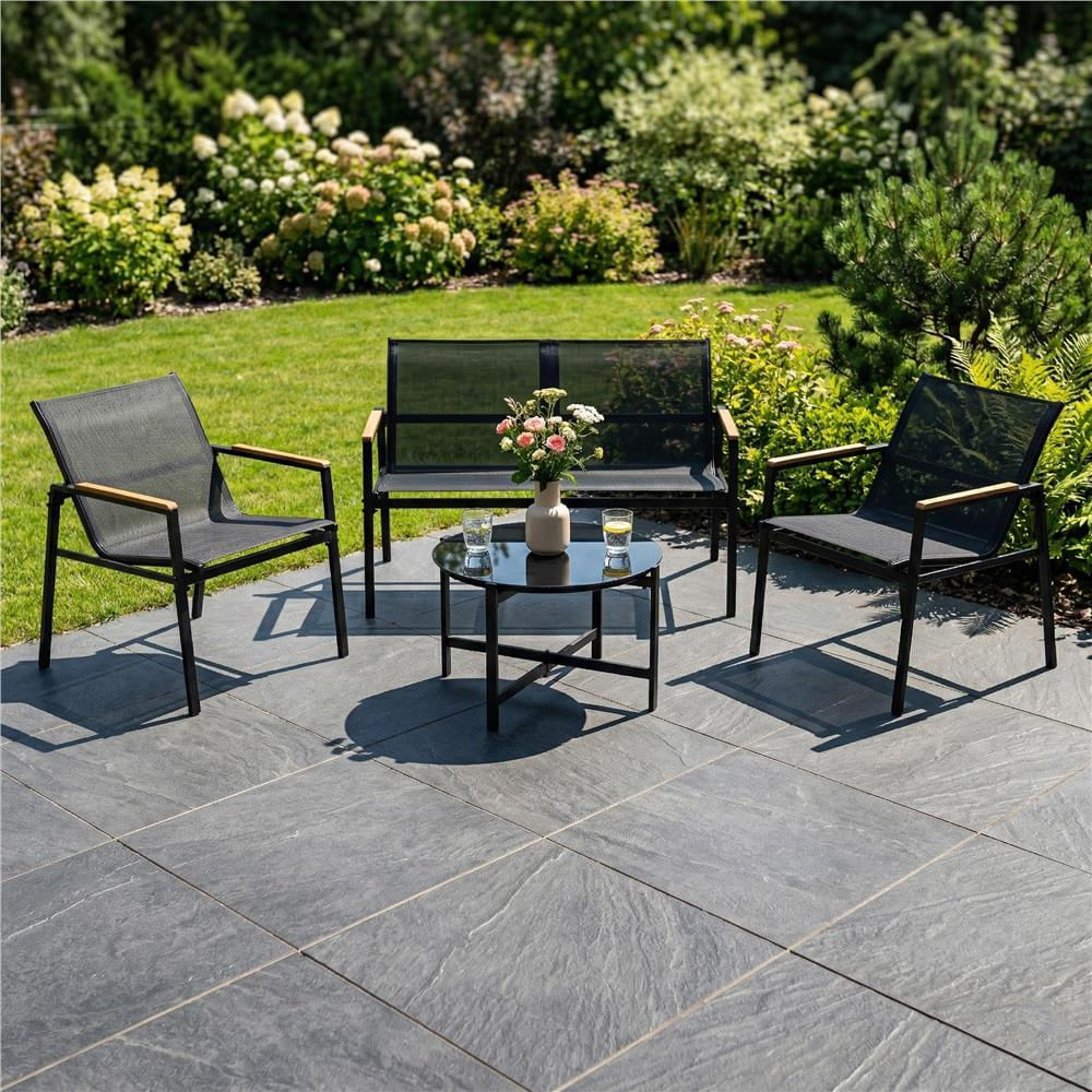 Set mobilier gradina 4 locuri, canapea 2 locuri, 2 scaune si masa rotunda sticla, cadru metalic, 119x71x82 cm, negru — imaginea 26