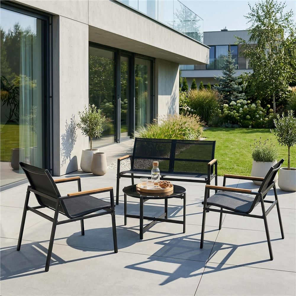 Set mobilier gradina 4 locuri, canapea 2 locuri, 2 scaune si masa rotunda sticla, cadru metalic, 119x71x82 cm, negru — imaginea 27