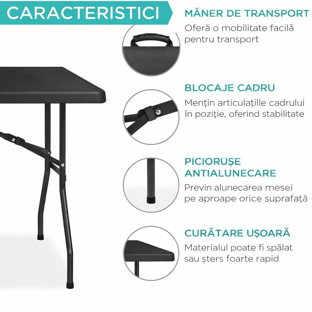 Masa dreptunghiulara pliabila multifunctionala, pentru gradina sau evenimente, 240x75x74 cm, negru