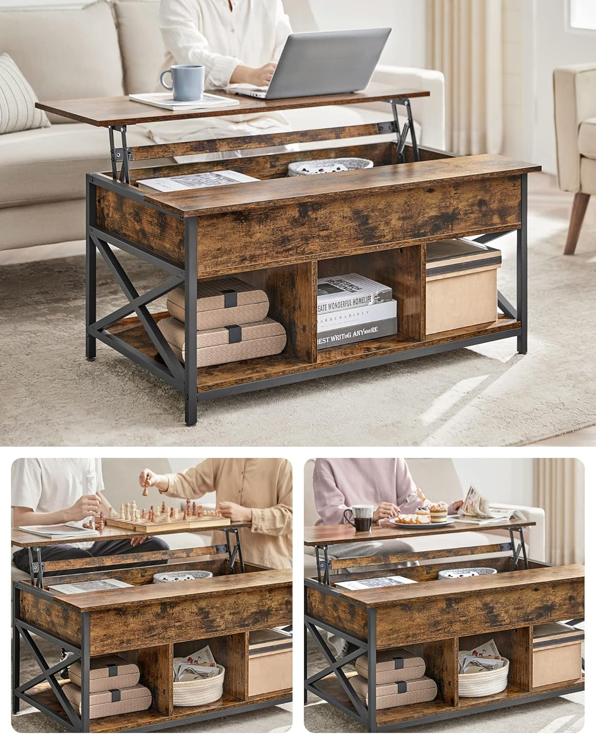 Masa de cafea cu inaltime reglabila, spatiu de depozitare ascuns, 60x100x(48-62) cm, maro rustic — imaginea 3