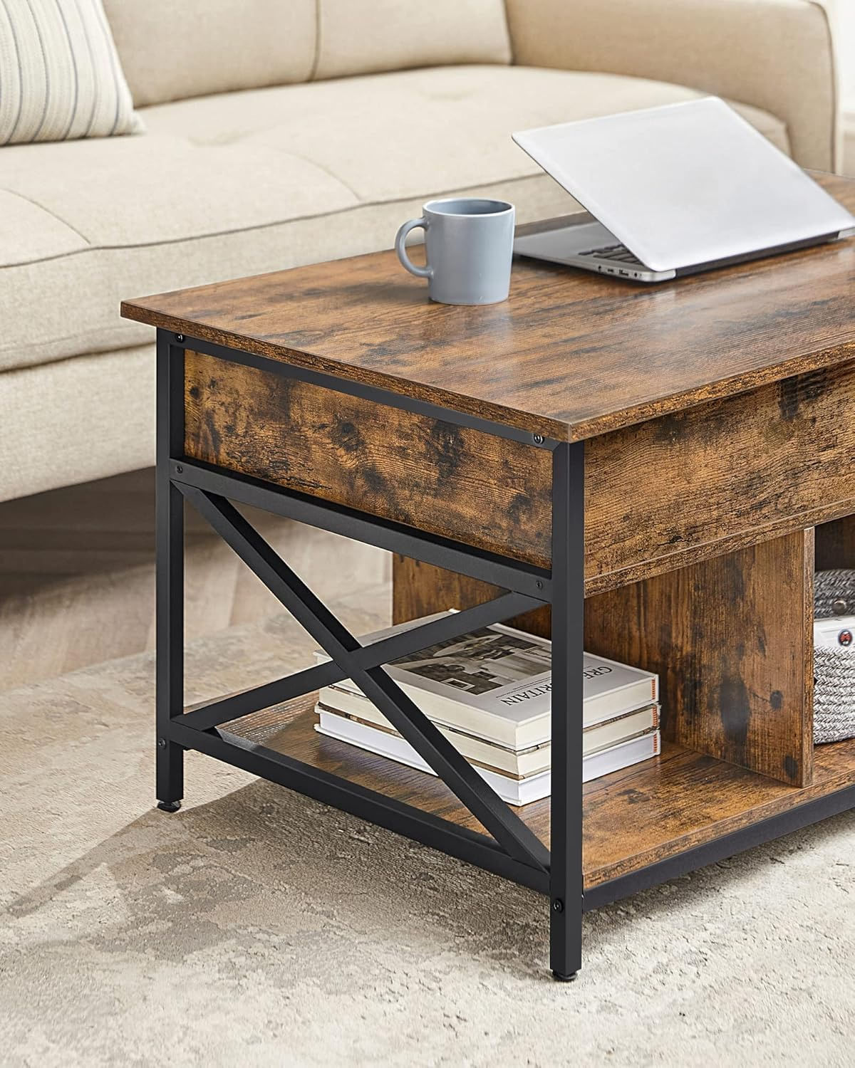 Masa de cafea cu inaltime reglabila, spatiu de depozitare ascuns, 60x100x(48-62) cm, maro rustic — imaginea 4
