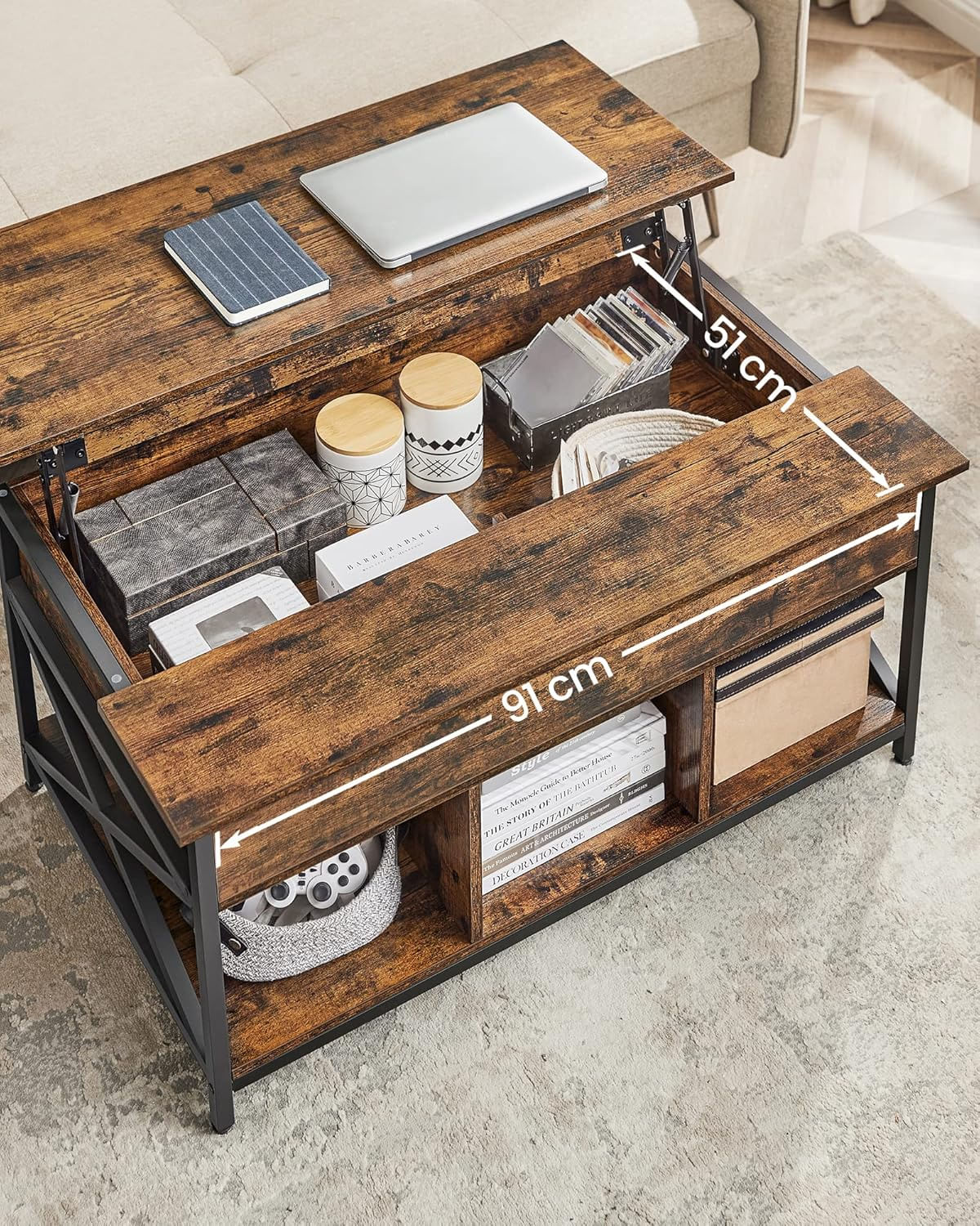 Masa de cafea cu inaltime reglabila, spatiu de depozitare ascuns, 60x100x(48-62) cm, maro rustic — imaginea 9