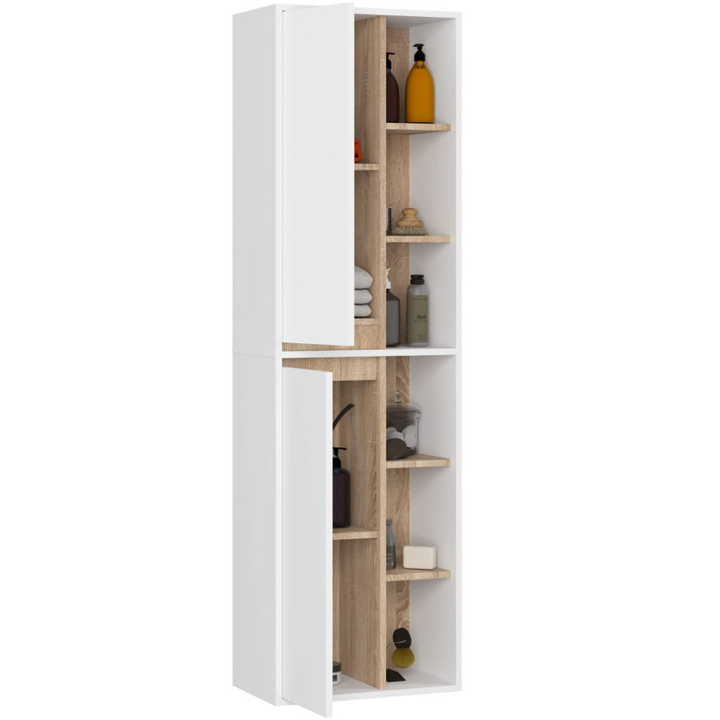 Dulap baie suspendat 2 usi si 6 rafturi, PAL laminat 16 mm, margini ABS, fronturi mate, 50x30x170 cm, alb stejar — imaginea 2