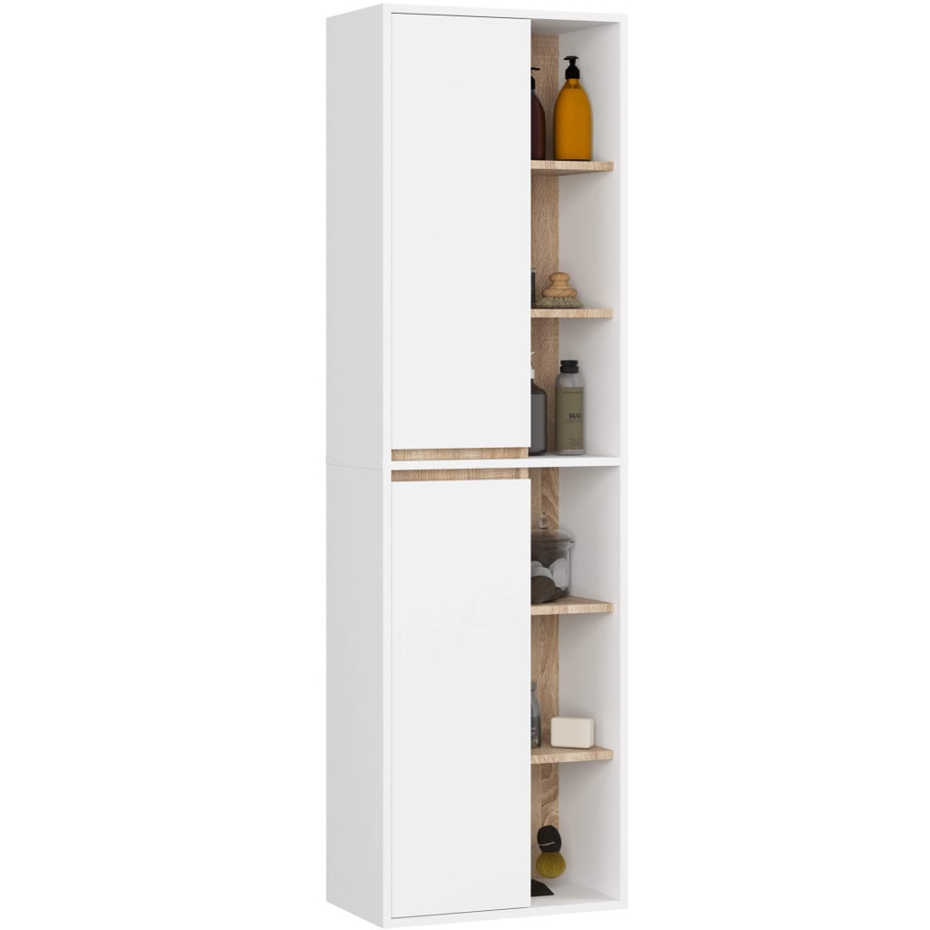 Dulap baie suspendat 2 usi si 6 rafturi, PAL laminat 16 mm, margini ABS, fronturi mate, 50x30x170 cm, alb stejar — imaginea 3
