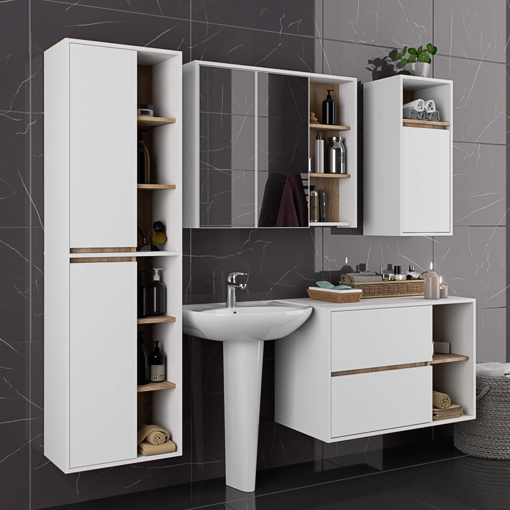 Dulap baie suspendat 2 usi si 6 rafturi, PAL laminat 16 mm, margini ABS, fronturi mate, 50x30x170 cm, alb stejar — imaginea 4
