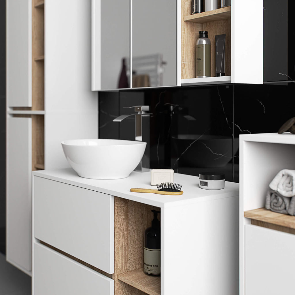 Dulap baie suspendat 2 usi si 6 rafturi, PAL laminat 16 mm, margini ABS, fronturi mate, 50x30x170 cm, alb stejar — imaginea 5