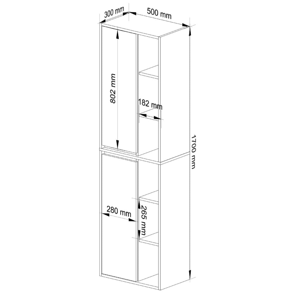 Dulap baie suspendat 2 usi si 6 rafturi, PAL laminat 16 mm, margini ABS, fronturi mate, 50x30x170 cm, alb stejar — imaginea 6