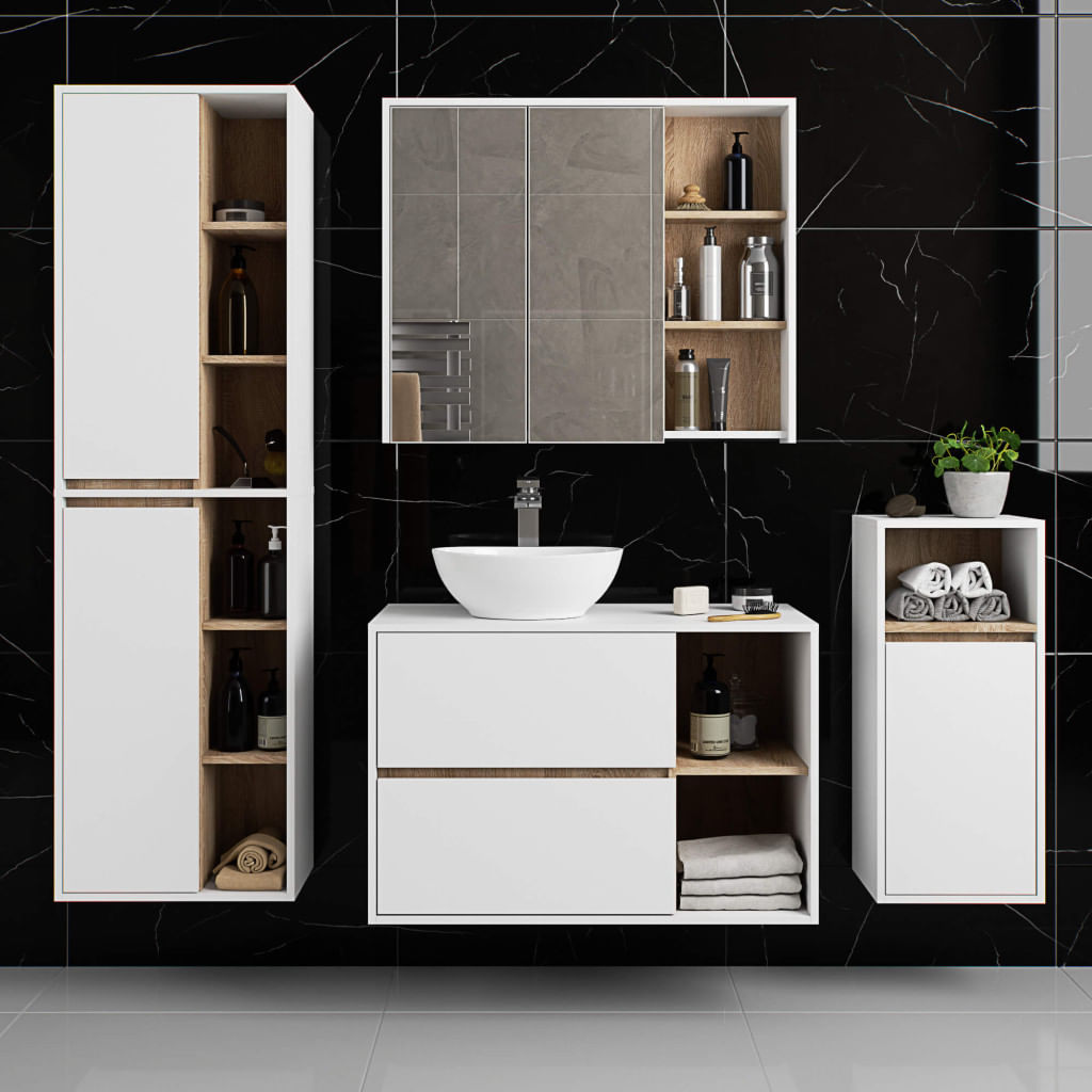 Dulap baie suspendat 2 usi si 6 rafturi, PAL laminat 16 mm, margini ABS, fronturi mate, 50x30x170 cm, alb stejar — imaginea 7