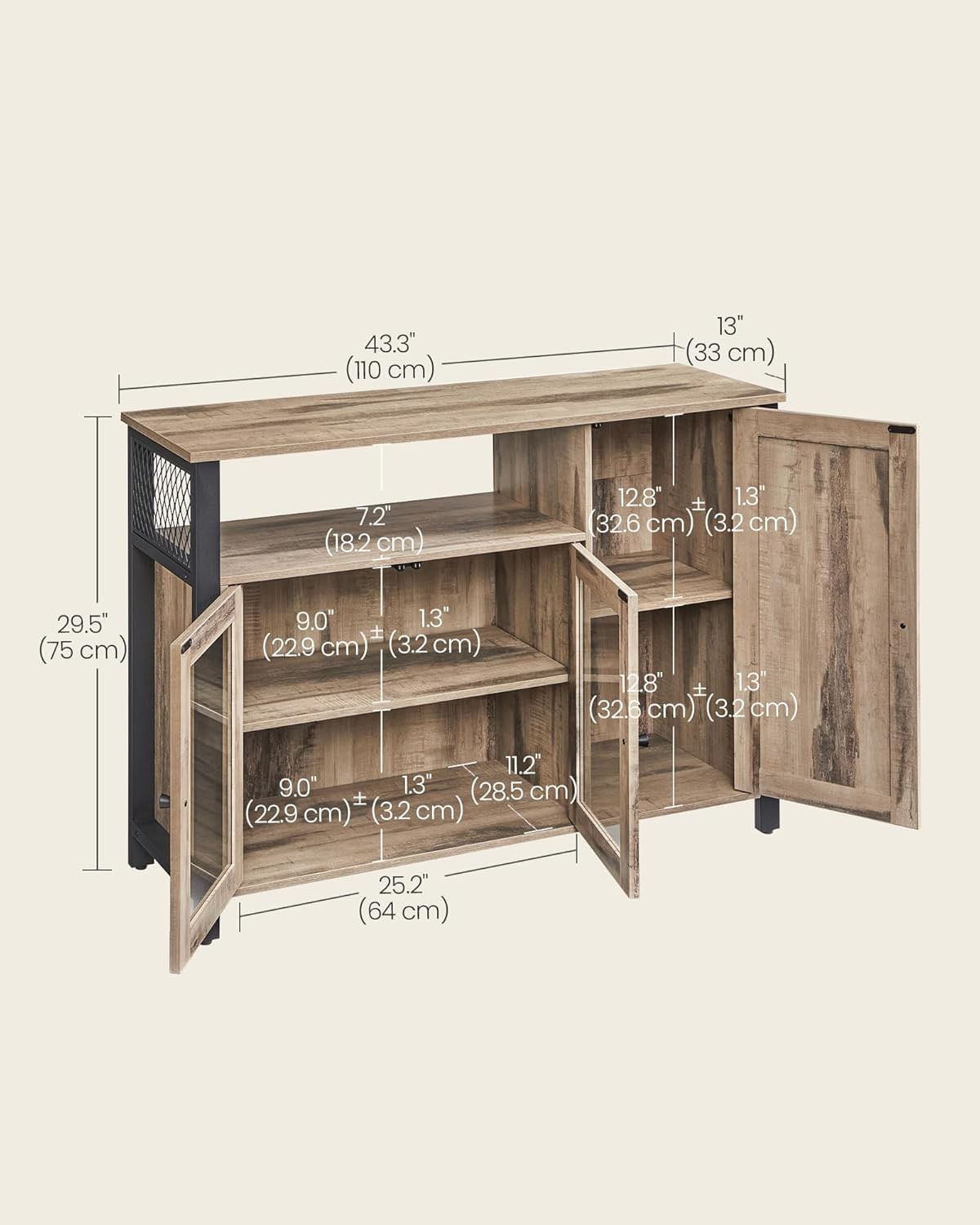 Dulap de depozitare tip bufet, cu 3 usi, stil industrial, 110x33x75cm, maro camel — imaginea 8