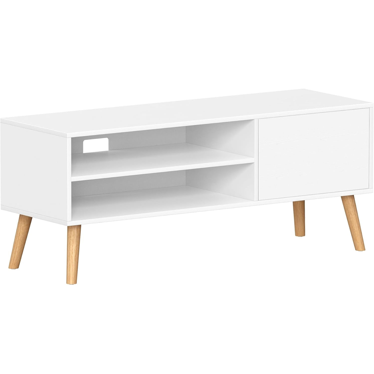 Comoda pentru TV de pana la 120 cm, 2 rafturi si dulap push-open, PAL si lemn, 120x40x49 cm, alb — imaginea 4