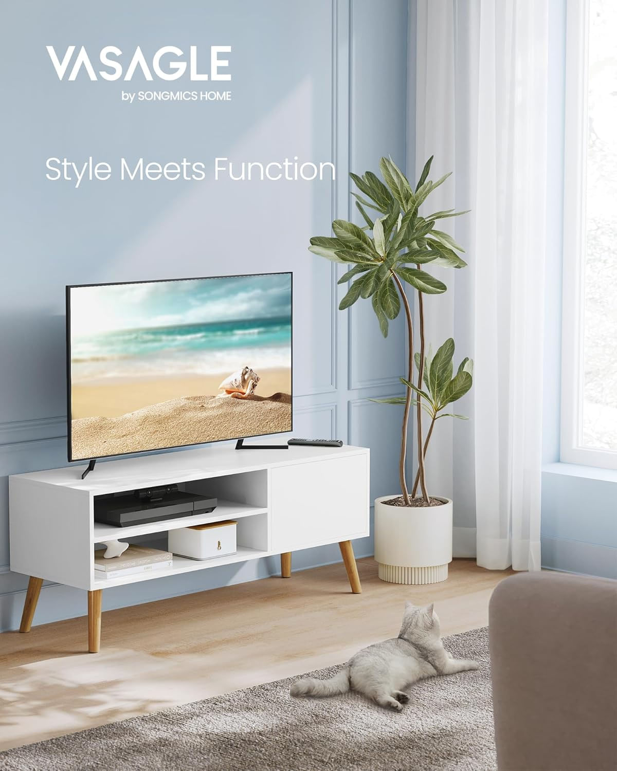 Comoda pentru TV de pana la 120 cm, 2 rafturi si dulap push-open, PAL si lemn, 120x40x49 cm, alb — imaginea 5
