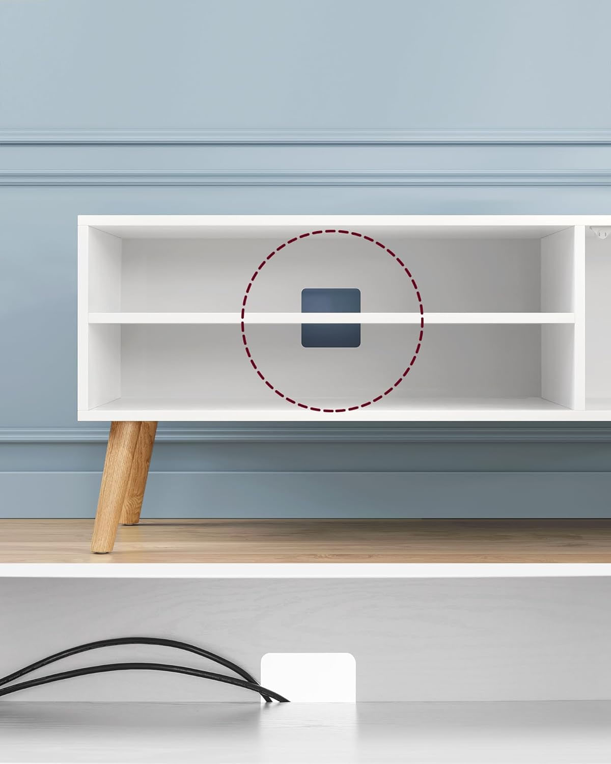 Comoda pentru TV de pana la 120 cm, 2 rafturi si dulap push-open, PAL si lemn, 120x40x49 cm, alb — imaginea 6