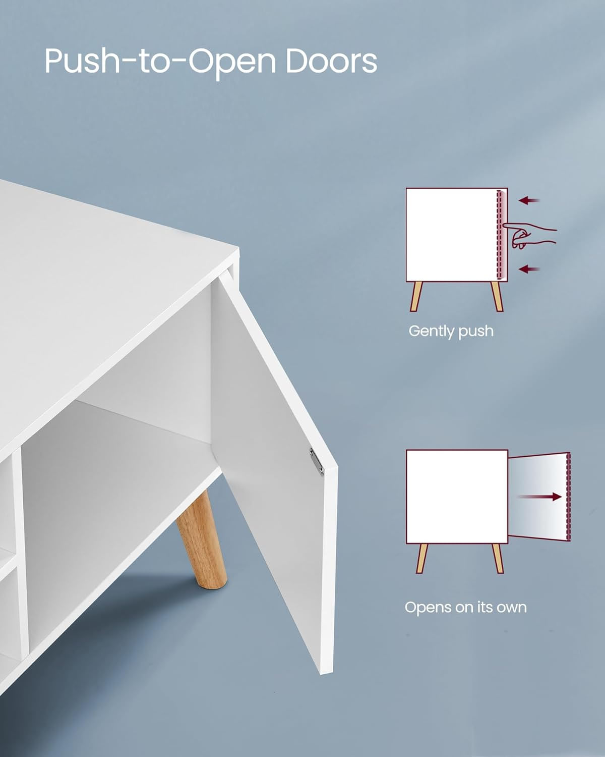 Comoda pentru TV de pana la 120 cm, 2 rafturi si dulap push-open, PAL si lemn, 120x40x49 cm, alb — imaginea 7