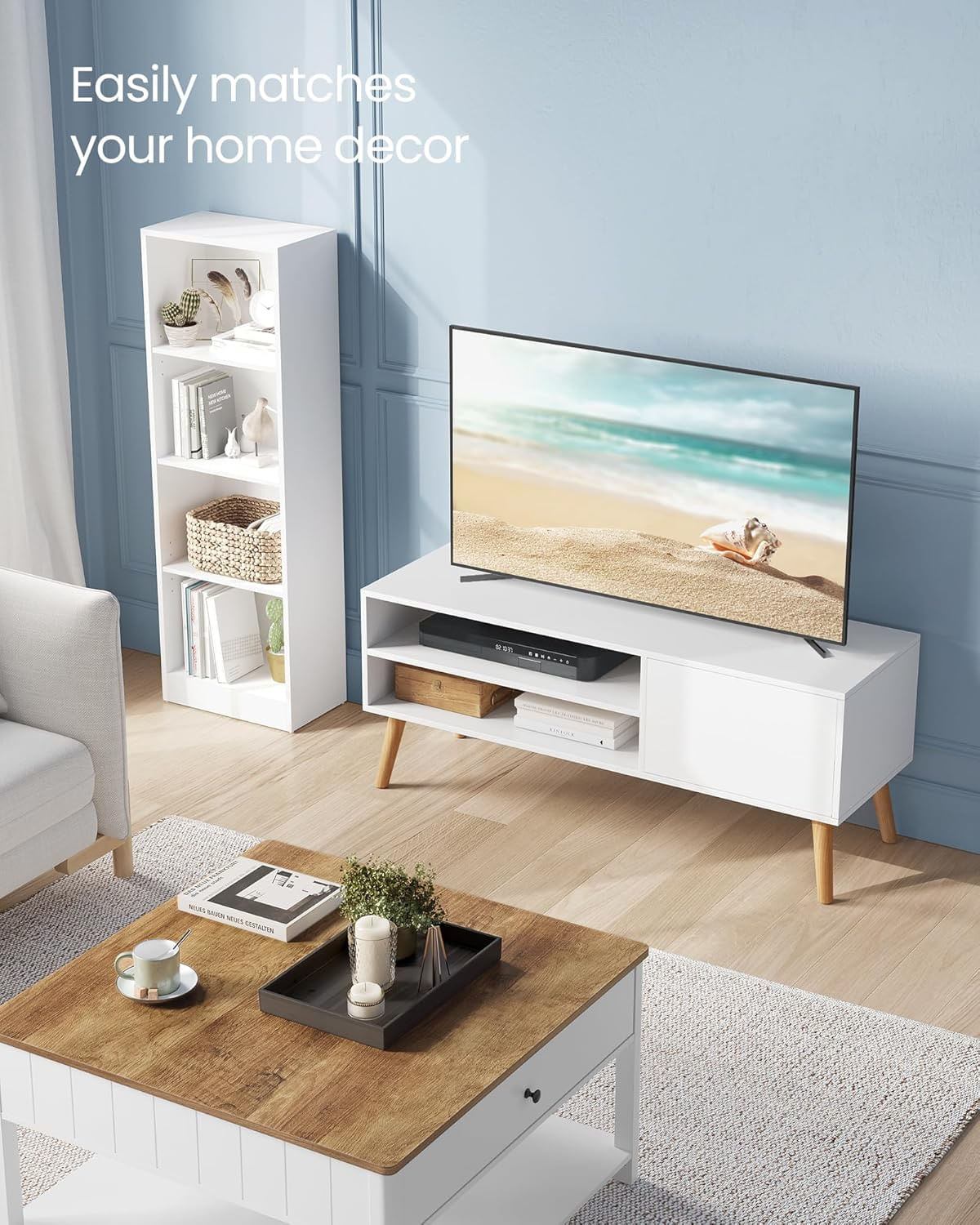 Comoda pentru TV de pana la 120 cm, 2 rafturi si dulap push-open, PAL si lemn, 120x40x49 cm, alb — imaginea 10