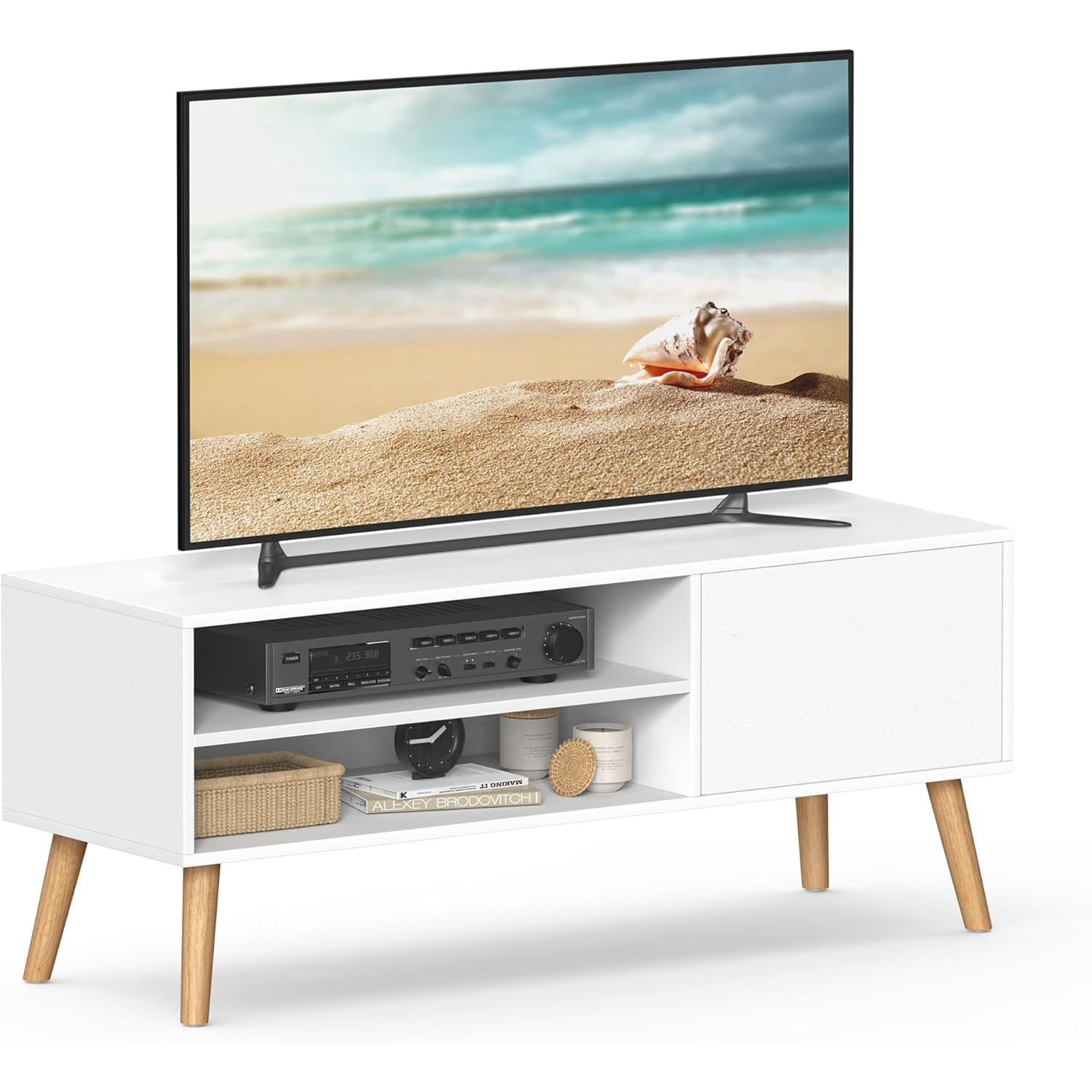 Comoda pentru TV de pana la 120 cm, 2 rafturi si dulap push-open, PAL si lemn, 120x40x49 cm, alb — imaginea 12
