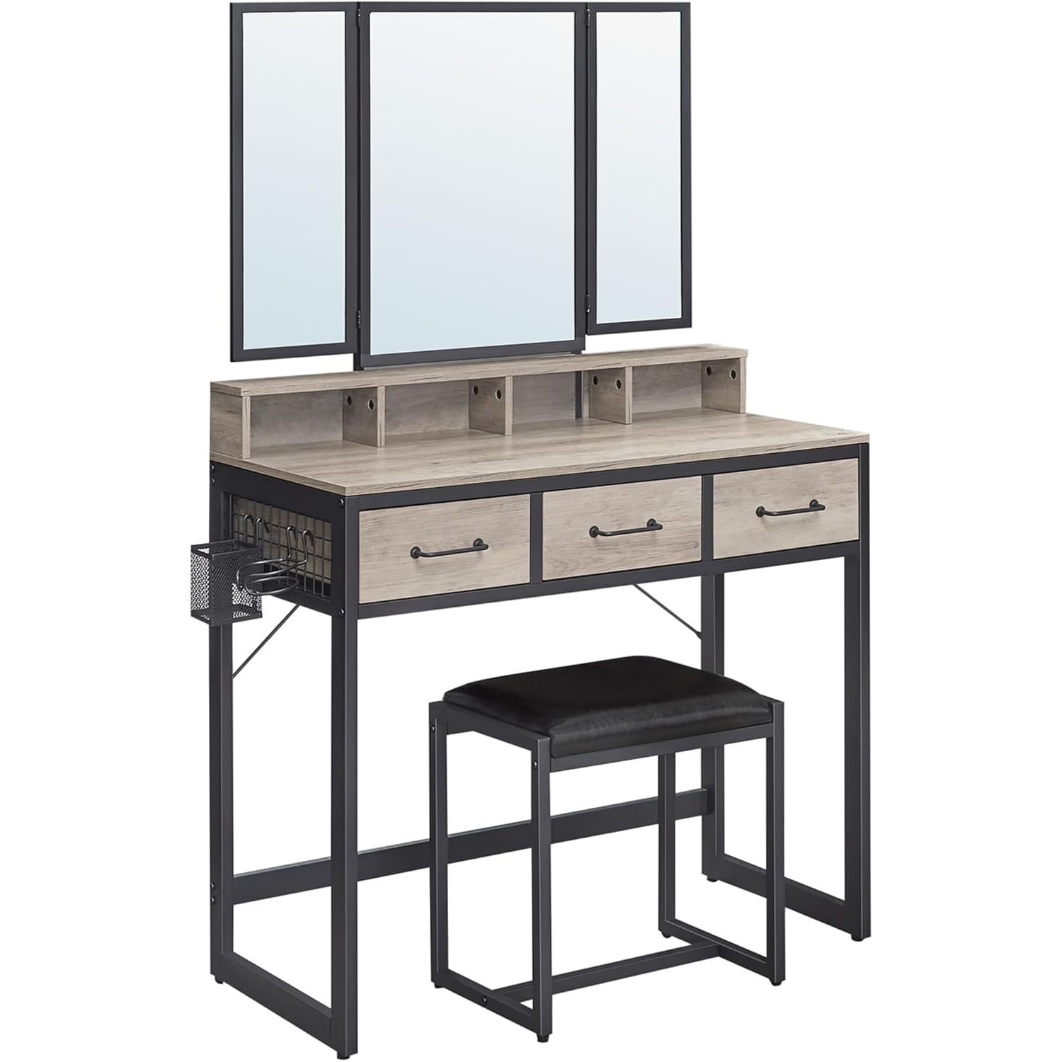 Masuta toaleta 90x40x141 cm, cu 3 sertare, oglinda tripla si taburet, lemn si otel, gri si negru — imaginea 2